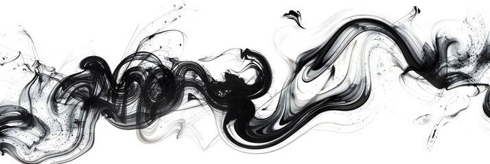 Black and white abstract watercolor paint swirls on transparent background.