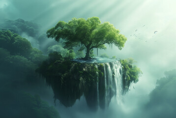 Mystical Floating Island with Ancient Tree, Heavenly Nature Retreat: Suspended Island Paradise, Fantasy Nature
