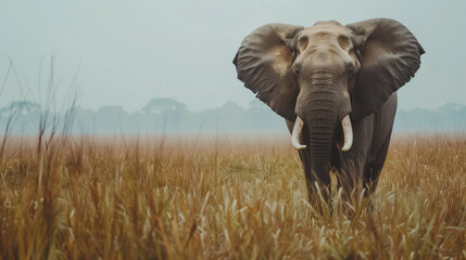 Elephant in Mist, Mystical Elephant in Foggy Field, Lone Elephant in Hazy Savannah