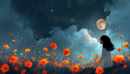 Whimsical minimalist illustration: Woman, success, mysticism - flowers, butterflies, moon, stars.generative ai
