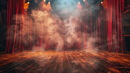 Empty wooden theater stage with red curtain