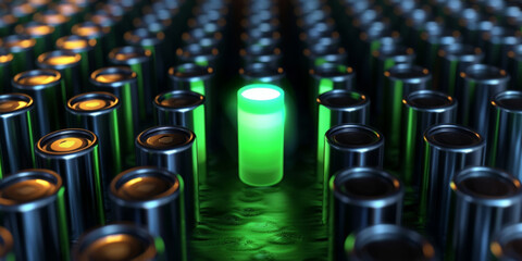 A large number of green battery cells arranged in rows