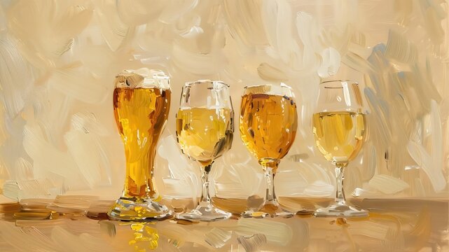 ラフなタッチの並んだグラスビールの油絵_3