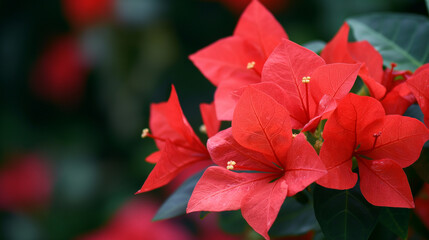 Zbliżenie na czerwony kwiat rośliny z gatunku Bougainvillea - obrazy, fototapety, plakaty