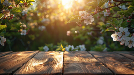 Wooden part of table against blurred background of soft sunlight in summer garden Generative AI. Beautiful simple AI generated image in 4K, unique. - obrazy, fototapety, plakaty