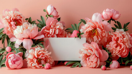 Frame made of tender peonies on pink background with white sheet of paper. Delicate spring flowers with green leaves. Women day, Mother Day concept. Wedding invitation. Top view. Copy space. Mock-up.