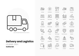 Delivery and Logistics icons set, Truck, Van, Delivery Person, Package, Parcel, Route, Navigation, GPS, Warehouse, Inventory, Shipping, Logistics, vector illustration