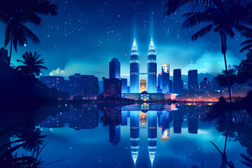 Obraz premium A flat night sky glow lights vector gradient skyline illustration of Kuala Lumpur Capital of Malaysia.