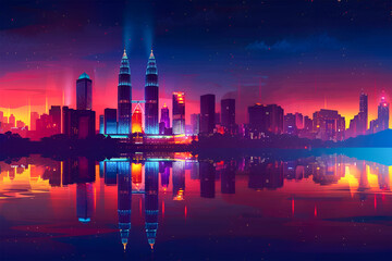 Naklejka premium A flat night sky glow lights vector gradient skyline illustration of Kuala Lumpur Capital of Malaysia.