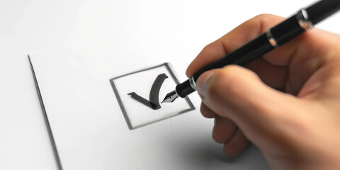 close up a hand mand with pen writing on paper with check mark icon isolated white background,