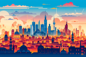 Milan City Skyline Sunset Downtown historical italian architecture art poster wallpaper banner print