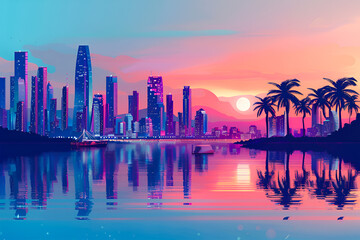 A gradient vector skyline illustration of Panama City. Beautiful landscape. Abstract art poster.