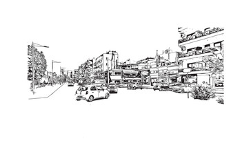 Print Building view with landmark of Rethymno is a city in Greece. Hand drawn sketch illustration in vector.