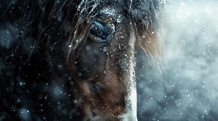  A tight shot of a horse's face, eyes wide open, amidst falling snow