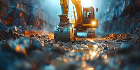 Excavators at work on a construction site. Concept Construction Equipment, Excavation Process, Building Site Safety, Heavy Machinery Operations, Land Development Progress - obrazy, fototapety, plakaty