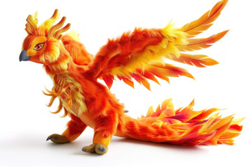 A small, plush phoenix with flames gently flickering along its wings, its eyes shimmering with wisdom, isolated on a white background