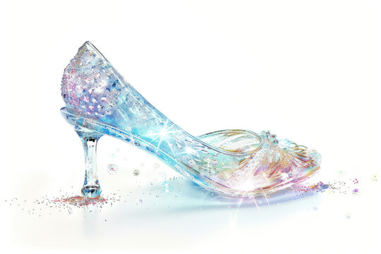 A delicate glass slipper filled with sparkling, fairy dust that glitters and shifts colors in the light, isolated on a white background