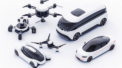 Autonomous vehicles and drones , isolated on a white background
