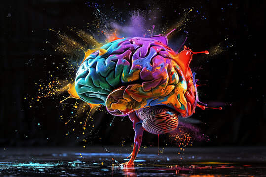 Creativity concept with brain exploding with colorful colors.