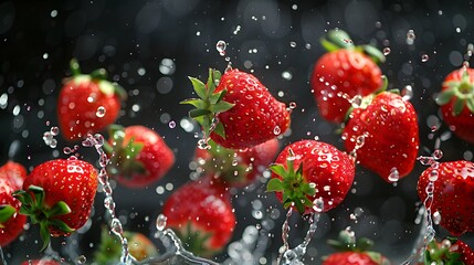 Ripe Strawberries with Water Droplets Frozen Motion