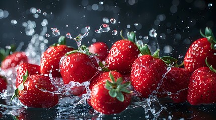 Fresh Strawberries Splashing in Water Droplets