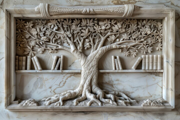 A detailed marble carving of a tree that transforms into a library towards the top, with branches holding books instead of leaves, and reading nooks nestled in its roots.