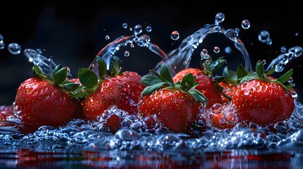Strawberries and Water Droplets on Reflective Surface