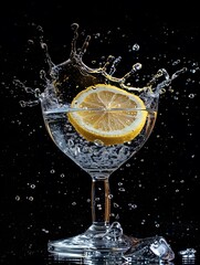 Lemon Slice in Energetic Water Splash in Glass