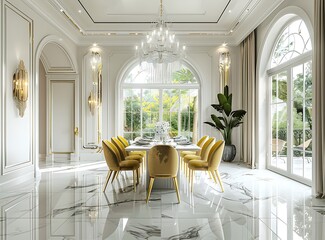 Luxury dining room in old style villa with white marble floor and yellow chairs, large window with view of garden, vintage chandelier
