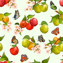 Butterflies and apples in a vector pattern. Multi-colored apples on branches and butterflies on a colored background in a vector seamless pattern.