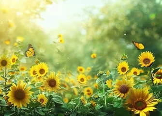 Fotobehang sunflowers and butterflies background © yganko