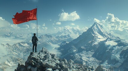 Establishing Goals and Expectations with a Businessman Setting His Sights on the Flag Atop the Mountain