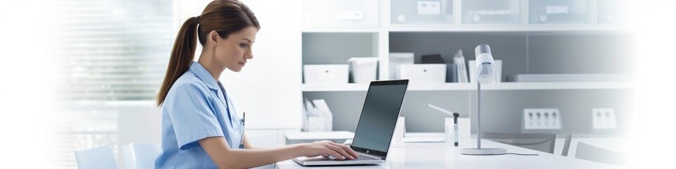 Nurse or doctor using a laptop for medical records on a white desk with a blurred background, in banner format. Web banner with copy space. Medical Web banner