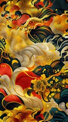 A painting featuring vibrant flowers and ocean waves against a bright yellow background