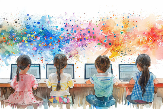 Digital illustration of children learning about their rights and responsibilities through interactive multimedia platforms and online resources, promoting digital literacy and empo
