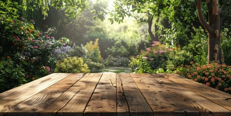 wooden tabletop in a garden natural foliage scenery background