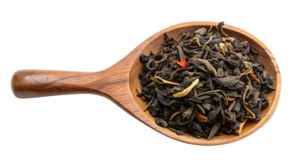 Heap of Darjeeling Tea: Dried Tea Leaves in a Wooden Spoon