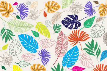 Hand drawn Tropical Leaves Background. Colorful Flower Background