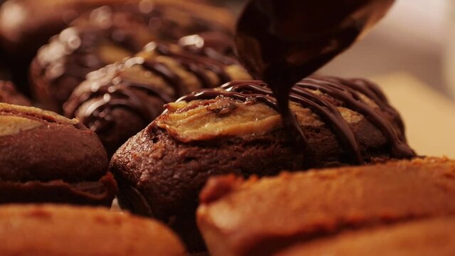 Fresh bake double chocolate banana artesian bread in bakery shop close-up. Artisan bread is making by skill bakers using natural and high-quality ingredients. Food with health and flavour