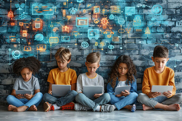 Concept art depicting children engaging in digital literacy and online safety programs, empowering them to navigate the digital world responsibly and safely.