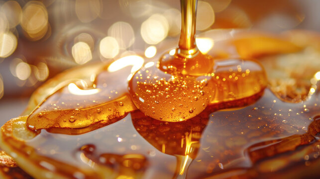 A drop of honey spreads over the pancake.Pancakes with syrup macro shot.Syrup pours on a pancake macro photo.Honey spreads.Drop of syrup close-up.Golden pancakes with glitter syrup.Delicious sweet