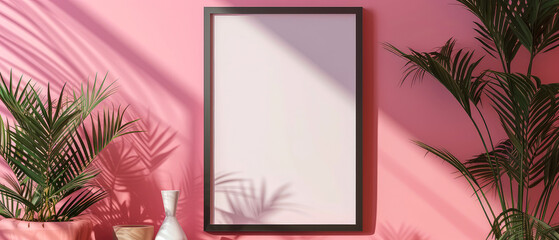 Pink floral mockup with empty frame, surreal flowers, plant and decoration. Shadows effect. Interior 3d design. Copy space. Generative ai