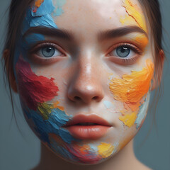 Vibrant, multicolored face paint showcasing human creativity and artistic expression