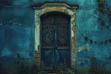   An old building with a blue door and vines wrapping around it, specifically, the door frame A solitary vine also climbs up the exterior, enhancing the building's natural