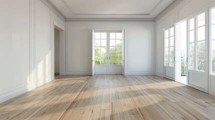 Fototapeta premium Interior of empty spacious living room with white walls and laminated floor with doors leading to balcony