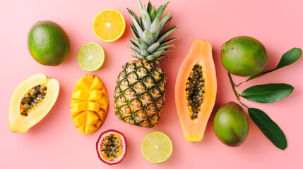 Top view creative layout with exotic summer fruits: papaya, pineapple, lime, yellow mango and...