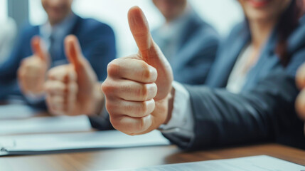Group of people show OK or approval with thumb up during conference closeup. High level quality product, serious offer, excellent education, mediation solution, creative advisor participation concept - obrazy, fototapety, plakaty