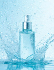 Glass cosmetic bottle with abstract water splash blue background for banner