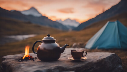 Camp fire and tea pot, tent and mountains in the background at sunset. Travel concept and Hobbies, Cooking tea by the fire in the mountains on a camping trip