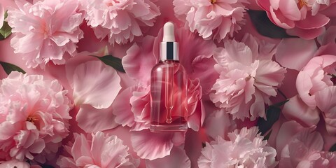 Top view of a glass dropper bottle with peony petals background: Skincare product mockup presentation. Concept Product Photography, Skincare, Mockup Presentation, Glass Dropper Bottle, Top View